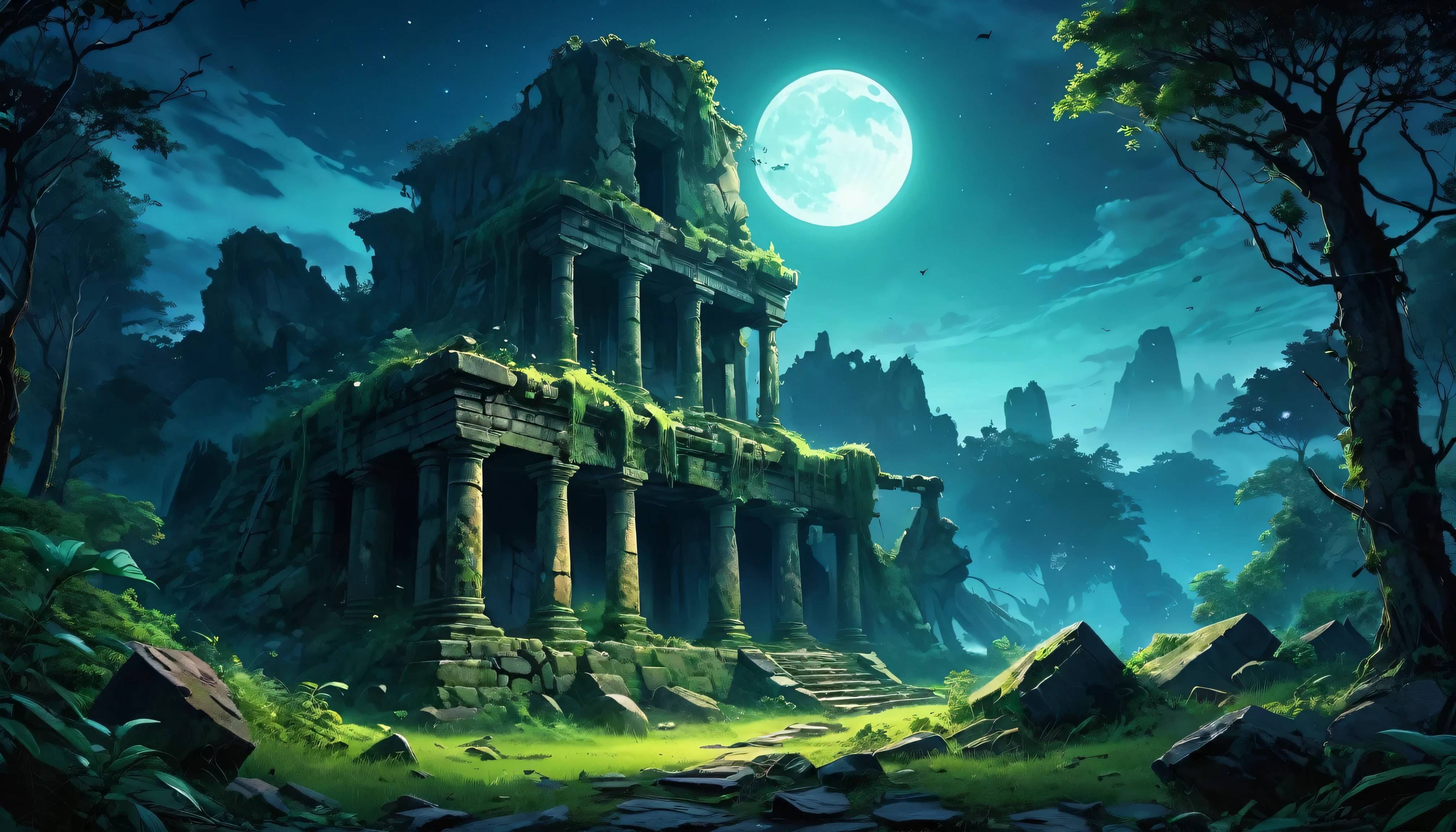 (anime, fantasy),(best quality, highres, HDR:1.2),vibrant colors, mysterious atmosphere, gloomy, spooky, overgrown abandoned ancient civilization in the forest, (crumbled ruins), boulder spread out, dead vegetation, ((night, dark atmosphere)), fantastical landscapes