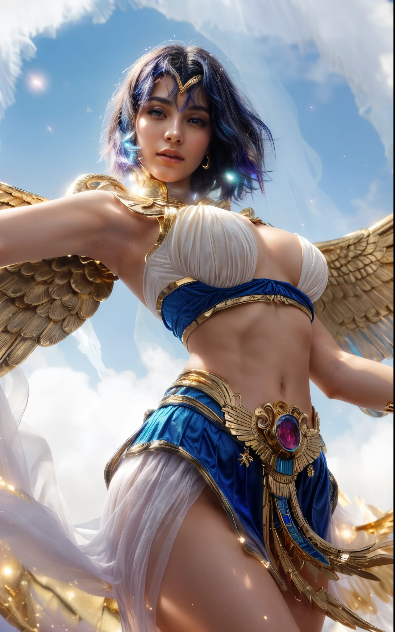 (a close up of a woman with gold wings, blue short hair, seraphim, egyptian goddess, vibrant colors, glowing halo, ethereal atmosphere, photorealistic:1.37), delicate facial features, radiant beauty, intricate gold details, flowing dress, confident and regal expression, surrounded by celestial rays, majestic background, mythical aura, otherworldly feel, fine brushstrokes, masterful composition, heavenly portrait.