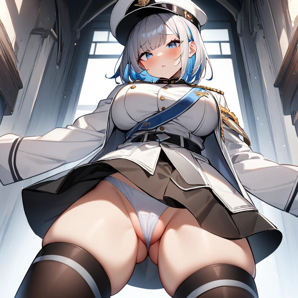 1 girl,Solo,(standing:1.3),between thighs,masterpiece best quality,very aesthetic,absurdres,two-tone hair,medium bangs,big breast,crotch,silver and blue,Bluish silver,military hat,White jacket,jacket,sleeve,miniskirt,front view,stocking,(crotch open),panties,spread legs,