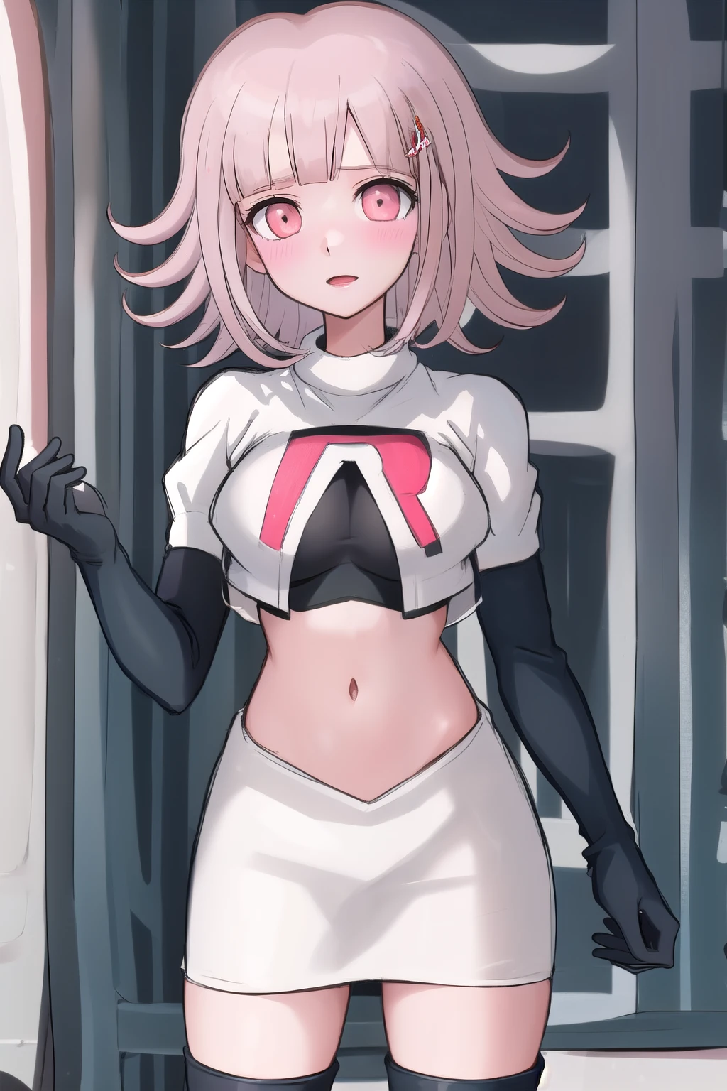 1girl, solo,Chiaki, hair ornament, hairclip, breasts,light pink hair, medium hair, cowboy shot, blushes, (perfect hands), team rocket,team rocket uniform,white skirt,red letter R,crop top,black thigh-highs,black elbow gloves