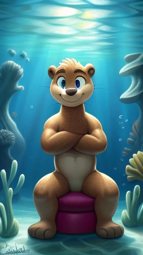 High-quality, masterpiece, ultra-detailed, anthropomorphic otter, solo, seated on an ottoman, fluffy brown fur, bright blue eyes, expressive, happy, muscular, striking pose, by artist "DoodleBob", cold atmosphere, soft brown blush, detailed background of aquatic plants and underwater scene, winking playfully, smiling, crossed arms, open palms, in a whimsical, slightly surrealist and dreamy setting, by the artist's signature "DoodleBob" and trending on ArtStation.