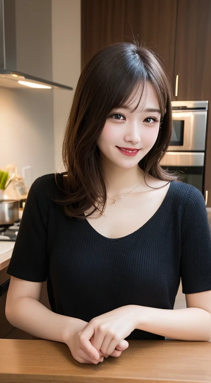 Tabletop, highest quality, shape, Very detailed, In detail, High resolution, 8k wallpaper, Perfect dynamic composition, Beautiful details, Revealing clothing,Medium Hair, Center of chest, Natural color lip, Random,smile,Tower apartment，kitchen