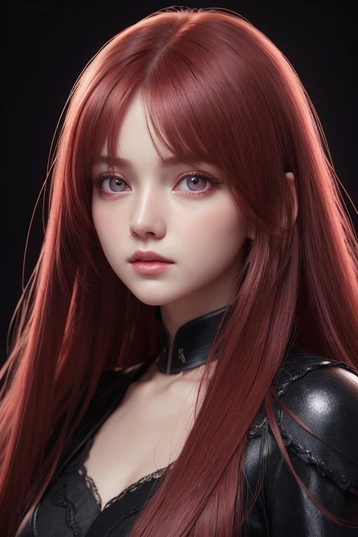 1Girl, star eyes, blush, Perfect Illumination, long straight red hair, side comb hair, Red Eyes, unreal-engine, Sidelighting, Detailed face, bangss, Bright skin, Simple background, dark backgrounds,