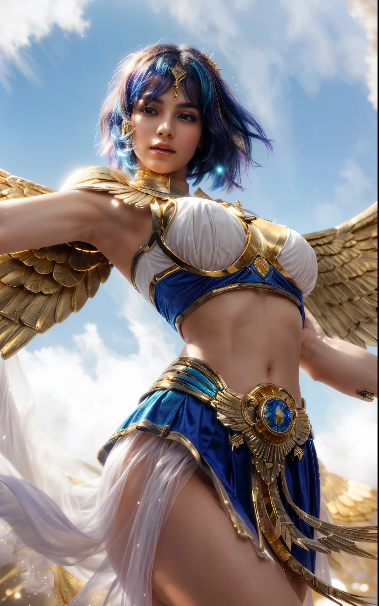(a close up of a woman with gold wings, blue short hair, seraphim, egyptian goddess, vibrant colors, glowing halo, ethereal atmosphere, photorealistic:1.37), delicate facial features, radiant beauty, intricate gold details, flowing dress, confident and regal expression, surrounded by celestial rays, majestic background, mythical aura, otherworldly feel, fine brushstrokes, masterful composition, heavenly portrait.