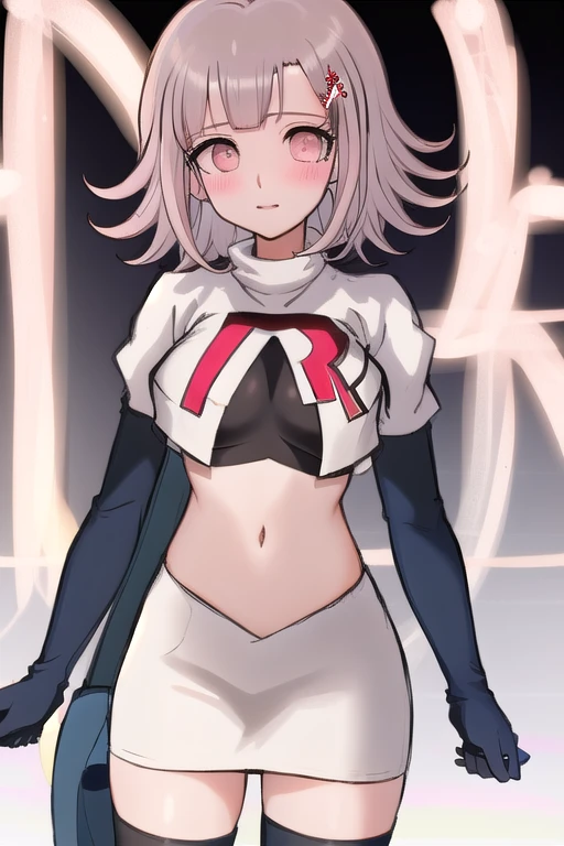 1girl, solo,Chiaki, hair ornament, hairclip, breasts,light pink hair, medium hair, cowboy shot, blushes, (perfect hands), team rocket,team rocket uniform,white skirt,red letter R,crop top,black thigh-highs,black elbow gloves