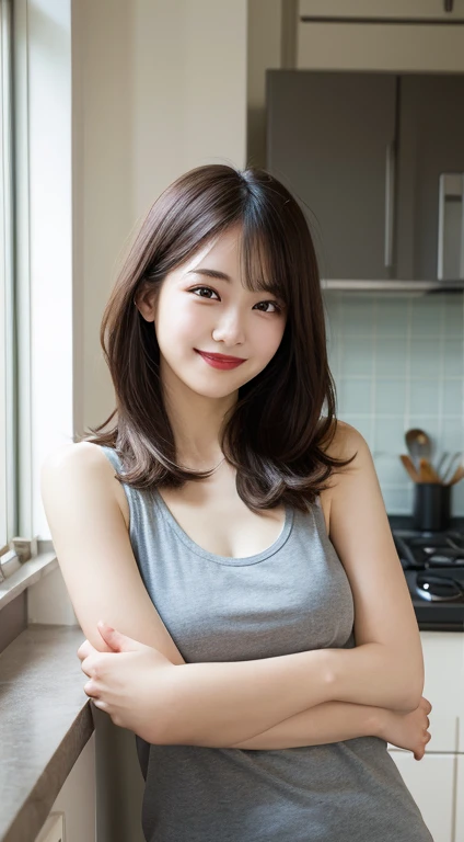 Tabletop, highest quality, shape, Very detailed, In detail, High resolution, 8k wallpaper, Perfect dynamic composition, Beautiful details, Tank top,Medium Hair, Center of chest, Natural color lip, Random,smile,Tower apartment,kitchen