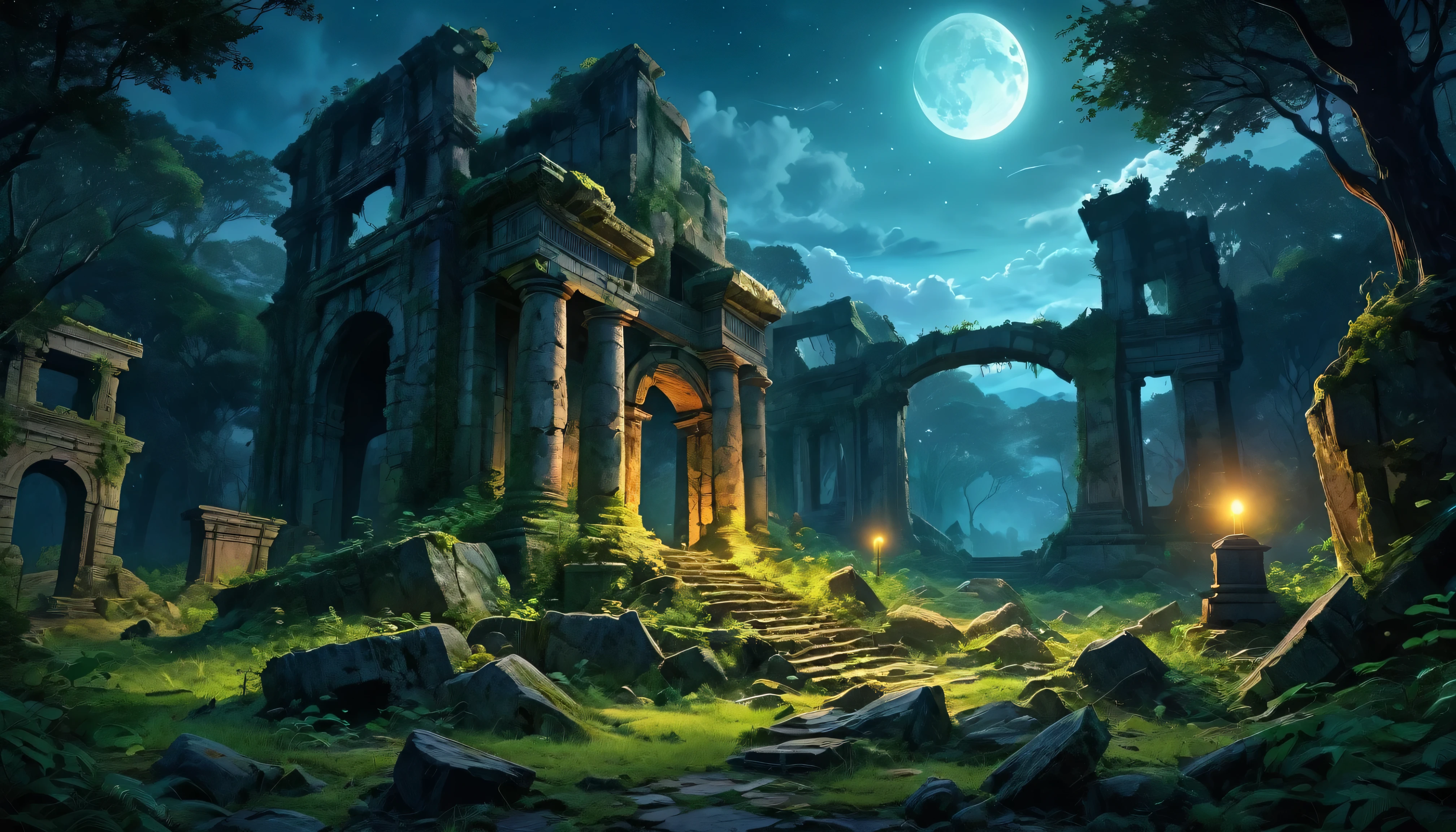 (anime, fantasy),(best quality, highres, HDR:1.2),vibrant colors, mysterious atmosphere, gloomy, spooky, overgrown abandoned ancient civilization in the forest, (crumbled ruins), boulder spread out, dead vegetation, ((night, dark atmosphere)), fantastical landscapes