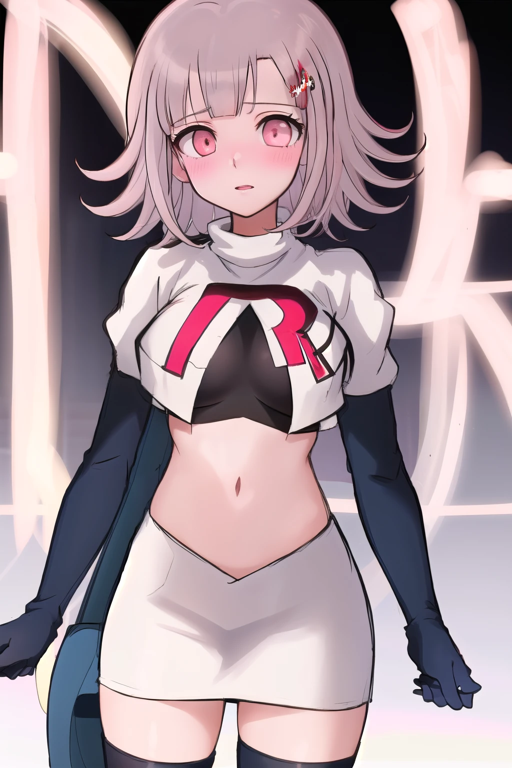 1girl, solo,Chiaki, hair ornament, hairclip, breasts,light pink hair, medium hair, cowboy shot, blushes, (perfect hands), team rocket,team rocket uniform,white skirt,red letter R,crop top,black thigh-highs,black elbow gloves