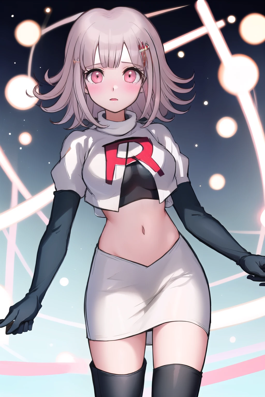 1girl, solo,Chiaki, hair ornament, hairclip, breasts,light pink hair, medium hair, cowboy shot, blushes, (perfect hands), team rocket,team rocket uniform,white skirt,red letter R,crop top,black thigh-highs,black elbow gloves