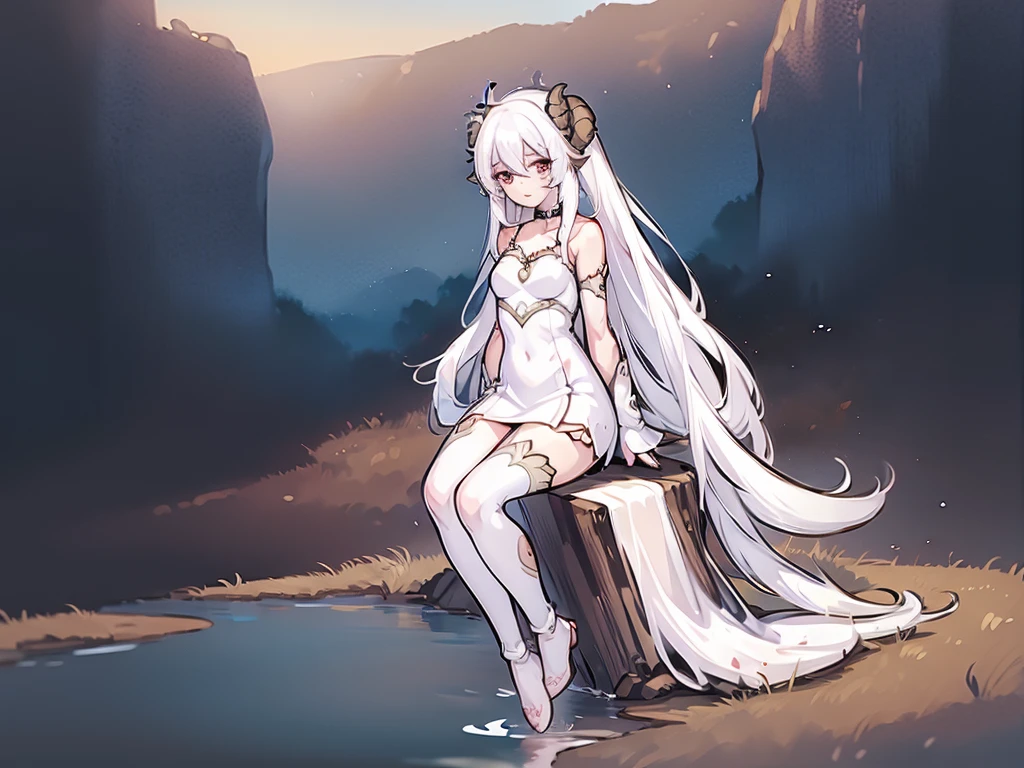 ((masterpiece)), ((bestquality)), (ultra-detailed), 1 girl, white hair, red eyes, W sitting, detailed face, smile, dragonian_head, dragonian_body, dragonian_hairstyle, dragonian_horns, dragonian_tail, white tail, white long dress, white tights, black choker, silver circlet, hammer in hand, grassland, mountain, creek, clear line, in the middle of picture, beatiful nature background