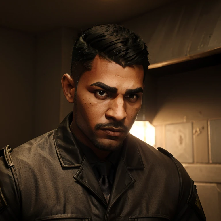 Homem negro; Jovem; Muscular; Jaqueta Preta; Cabelo bem baixo; corte de cabelo militar; Angle 3/4; serious look; barba por fazer; pele negra;