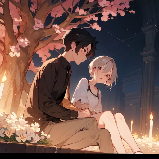 (absurdres), (perfect anatomy), (ingenious angle), beautiful composition, RAW photo, extremely delicate and beautiful, aesthetic,2 people, 2 shots, boy, looking away, 14 years old, friends, flowers, sitting, warm atmosphere, 2 people, midnight, perfect composition, trending pixiv fanbox, clear eyes, anime hand drawn illustration,
