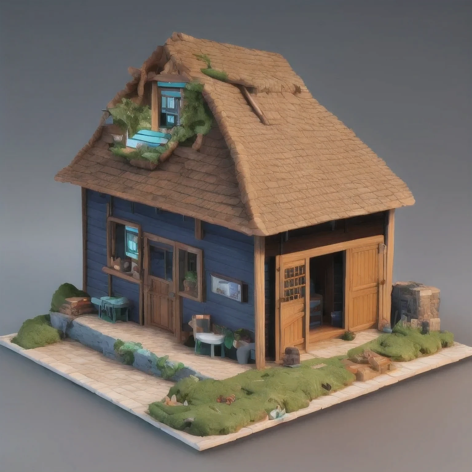there is a small model of a small house with a roof, diorama model, highly detailed sculpey diorama, surreal sci fi set design, highly detailed diorama, diorama, detailed scene, eeri, miniature model, backside of scenography elements, by Lee Loughridge, by Brigette Barrager, diorama picture, witch hut with a couch and a tv, stylized 3d render, adventure hyper realistic render, daily render, hyper detailed 3 d render, highly detailed diorama, hyper detailed 3d render, extreme render, highly detailed 3 d render, highly detailed 3d render, super detailed render, very detailed render, 3 d videogame render,stylized 3d render, 3 d render stylized, cute 3 d render, hyper detailed 3 d render, hyper detailed 3d render, daily render, stylized as a 3d render, very detailed render, 3 d stylize scene, super detailed render, fully detailed render, highly detailed 3d render