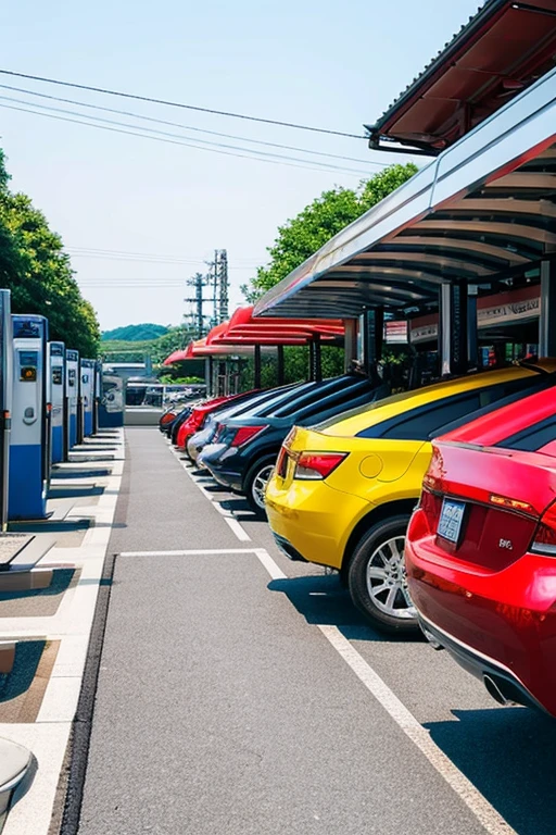 Gas Stations in Japan、Cars lined up waiting to refuel。
