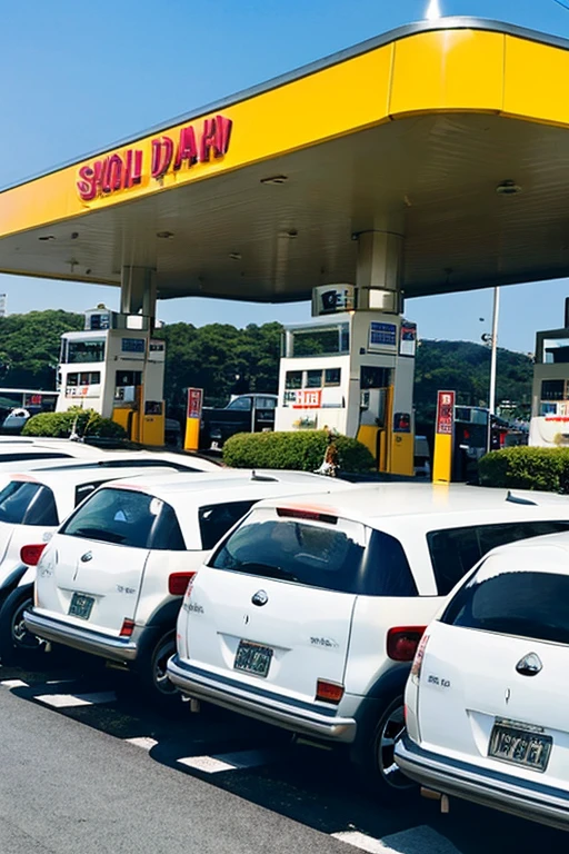 Gas Stations in Japan、Cars lined up waiting to refuel。