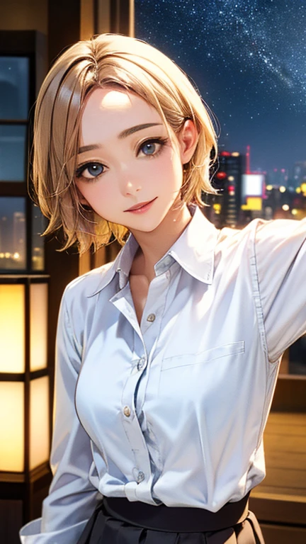 (Top quality masterpiece:1.2) Delicate illustrations, Very detailed, /Beautiful Japanese Woman、1 person,Very cute and slim、Excellent style 、((8K images、super high quality))、Very delicate face, Beautiful forehead、Beautiful thighs、Bright red lipstick,(((((short hair、Light brown hair、Blonde hair))))),very cute、Kind eyes,((((White Shirt、skirt、I can see your underwear))))、starry skies、Tokyo night view