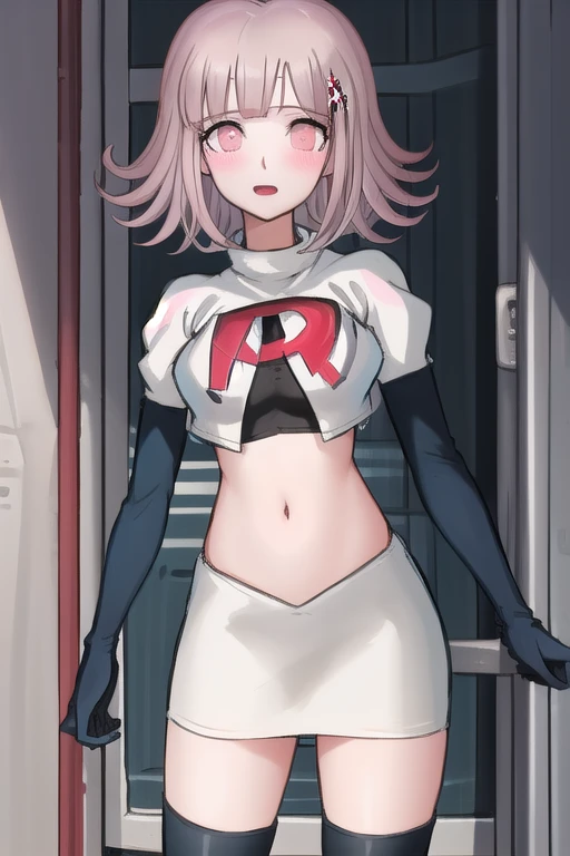 1girl, solo,Chiaki, hair ornament, hairclip, breasts,light pink hair, medium hair, cowboy shot, blushes, (perfect hands), team rocket,team rocket uniform,white skirt,red letter R,crop top,black thigh-highs,black elbow gloves