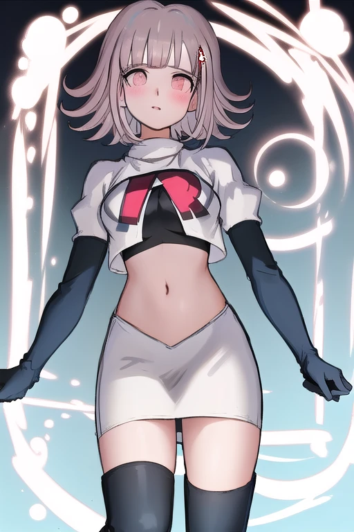 1girl, solo,Chiaki, hair ornament, hairclip, breasts,light pink hair, medium hair, cowboy shot, blushes, (perfect hands), team rocket,team rocket uniform,white skirt,red letter R,crop top,black thigh-highs,black elbow gloves