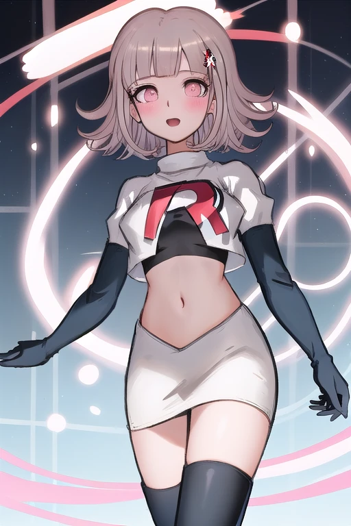 1girl, solo,Chiaki, hair ornament, hairclip, breasts,light pink hair, medium hair, cowboy shot, blushes, (perfect hands), team rocket,team rocket uniform,white skirt,red letter R,crop top,black thigh-highs,black elbow gloves