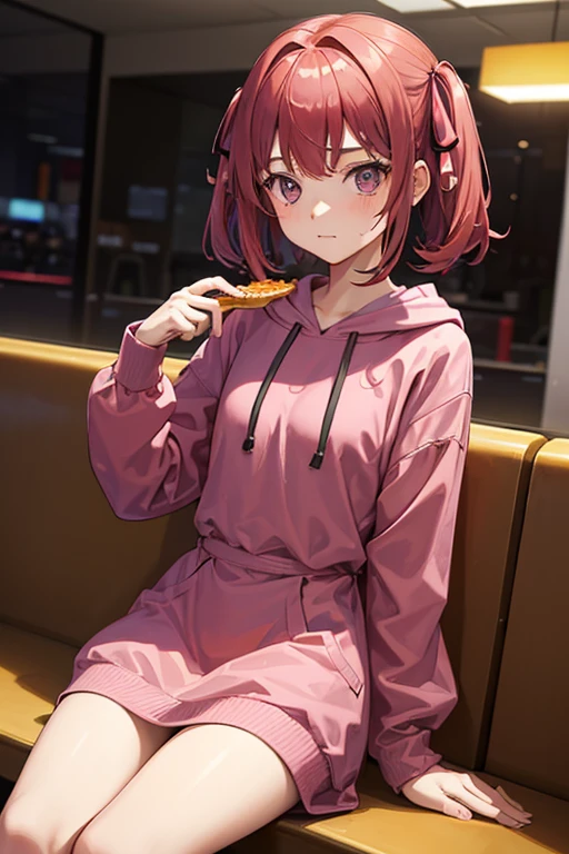 (A-15yo-petite-Girl)+,A girl eating fries at mcdonalds,Reddish-brown-short-two-side-up-hair, big-pink-hair-ribbon,Green-purple-pattern-hoodie-tunic,long-poncholinen thread fabric,busty,Moesode,best_quality,masterpiece,ultra_detailed,