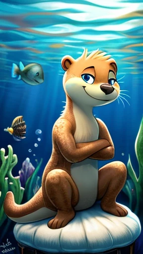 High-quality, masterpiece, ultra-detailed, anthropomorphic otter, solo, seated on an ottoman, fluffy brown fur, bright blue eyes, expressive, happy, muscular, striking pose, by artist "DoodleBob", cold atmosphere, soft brown blush, detailed background of aquatic plants and underwater scene, winking playfully, smiling, crossed arms, open palms, in a whimsical, slightly surrealist and dreamy setting, by the artist's signature "DoodleBob" and trending on ArtStation.