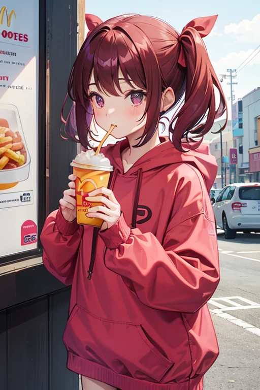 (A-15yo-petite-Girl)+,A girl eating fries at mcdonalds,Reddish-brown-short-two-side-up-hair, big-pink-hair-ribbon,Green-purple-pattern-hoodie-tunic,long-poncholinen thread fabric,busty,Moesode,best_quality,masterpiece,ultra_detailed,
