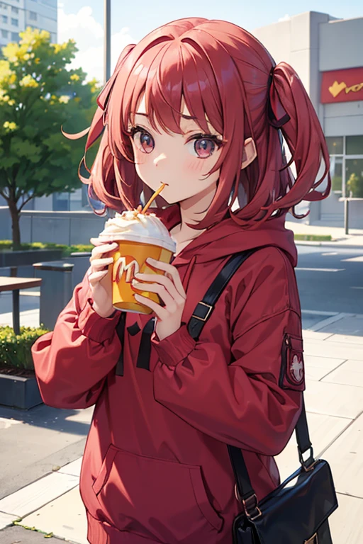 (A-15yo-petite-Girl)+,A girl eating fries at mcdonalds,Reddish-brown-short-two-side-up-hair, big-pink-hair-ribbon,Green-purple-pattern-hoodie-tunic,long-poncholinen thread fabric,busty,Moesode,best_quality,masterpiece,ultra_detailed,