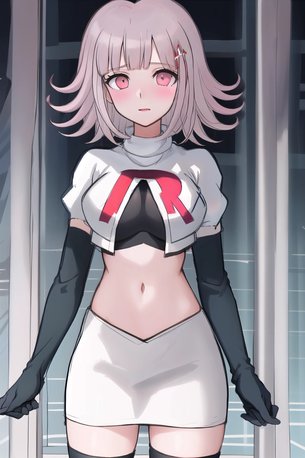 1girl, solo,Chiaki, hair ornament, hairclip, breasts,light pink hair, medium hair, cowboy shot, blushes, (perfect hands), team rocket,team rocket uniform,white skirt,red letter R,crop top,black thigh-highs,black elbow gloves