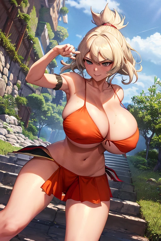 masterpiece, best quality, beautiful art, high resolution, well formed hands, body and fingers, 1 woman, solo, Kate Upton, adult, grown up, big breasted, cleavage, full body, hair ornament, gorgeous legs and thighs, smile, wearing a Mii outfit, sexy and skimpy jungle bikini, pelvic curtain, she is fighting in a combat match at a martial arts tournament, she is getting ready to fight, making her guard pose, action and fighting scene, about to hit the viewer, looking at the viewer, sweating , feeling confident and proud, smiling joyfully and happily, charming her opponent with her beauty, winking at the viewer, fighting scene, martial arts tournament on the beach 