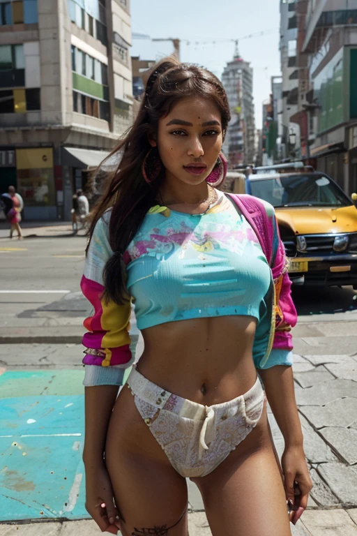 (best quality,4k,highres), South Asian person, modern attire, urban environment, vibrant colors, street art, confident expression, natural lighting, detailed facial features, stylish hairstyle, fashionable accessories, city backdrop, dynamic pose, lively atmosphere, bustling streets, contemporary fashion, cultural diversity.