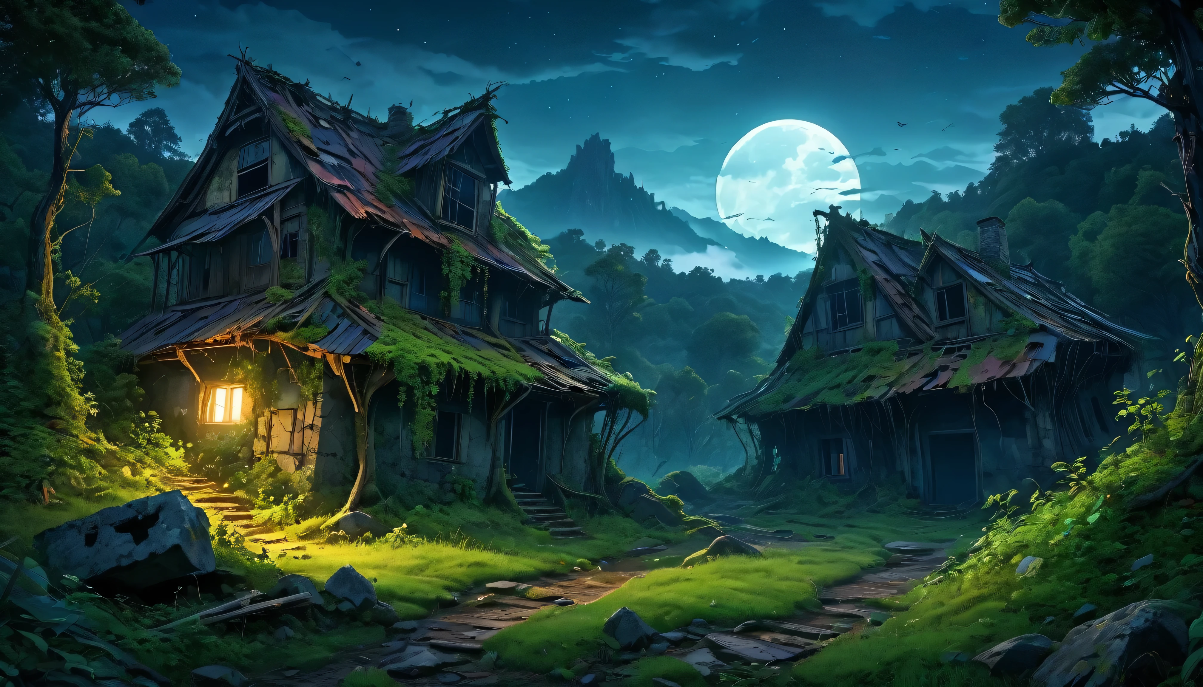 (anime, fantasy),(best quality, highres, HDR:1.2),vibrant colors, mysterious atmosphere, gloomy, spooky, overgrown abandoned village in the forest, house, thick forest, (crumbled ruins), boulder spread out, dead vegetation, ((night, dark atmosphere)), fantastical landscapes