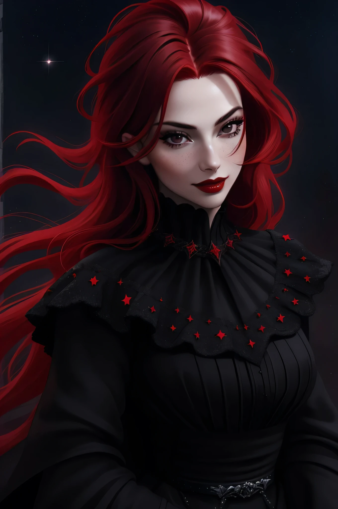 ((vivid red hair)), mature woman, 30 years old, diamond face, red starry sky background, depth of field, magic, big red lips, ((dark and black eyes)) black and red long and full dress, covered chest, mystical atmosphere, ominous shadows, Intense blue aura, Intense red aura (best quality:1.2), absurdres, intricate details, (highly detailed skin:1.2), smile expression, posing, taut and well defined body, attractive. Highly realistic, white skin, beautiful, hyperrealism, skin very elaborated, direct gaze,
