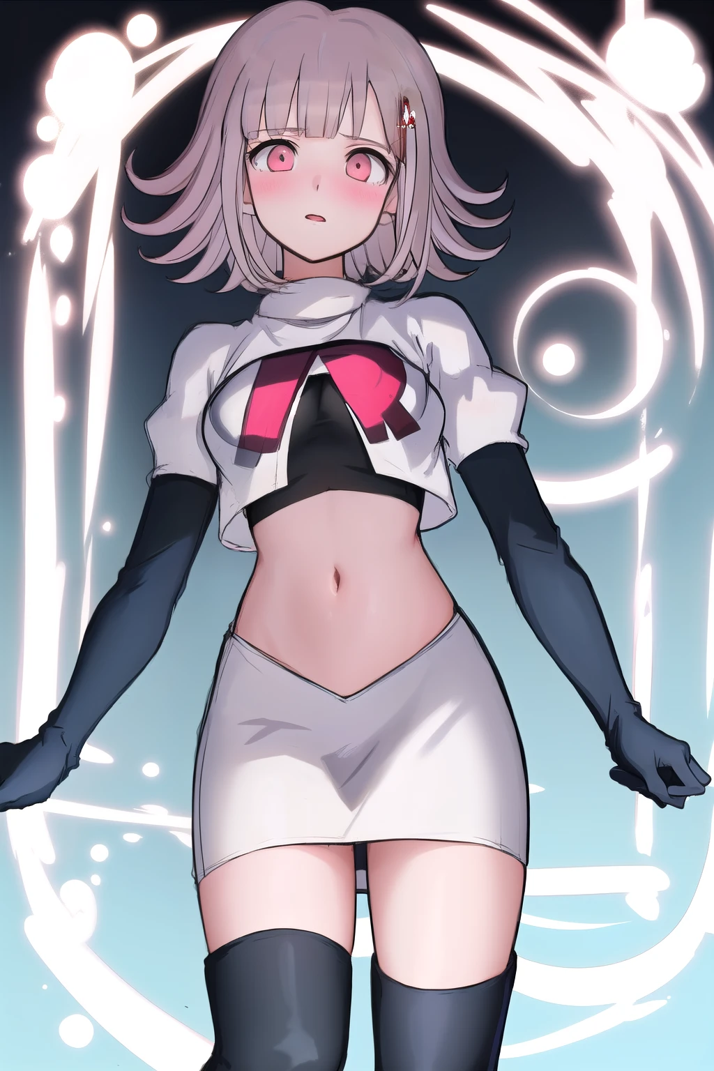 1girl, solo,Chiaki, hair ornament, hairclip, breasts,light pink hair, medium hair, cowboy shot, blushes, (perfect hands), team rocket,team rocket uniform,white skirt,red letter R,crop top,black thigh-highs,black elbow gloves