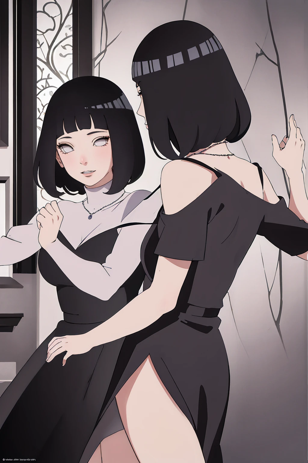 (Masterpiece - Ultra-Detailed, High Resolution) Prepare to be enchanted by a true masterpiece that combines ultra-detailed art with high-resolution rendering. This work shows a mesmerizing woman, with short, light black hair, 1950s style, Hinata (1.3) and captivating dark brown eyes (1.2), New York illustration style, wearing red lipstick, emanating an aura of elegance and mystery. Wearing classic 1950s clothing. sexy. Intricate details and realistic textures invite you to explore every aspect of this enchanting composition. Black dress. Dancing lithly, dynamic poses, mouth closed. Different posture. . Get ready to dive into a world where beauty and craftsmanship merge perfectly.