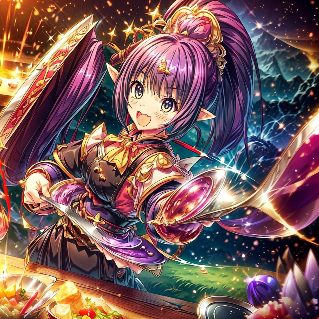(masterpiece), best quality, ultra detailed, expressive eyes, perfect face,Fantasy art, a dozen people of different races toasting together in a medieval pub at night, Cheers with alcohol,reveling, happy, ecstasy, (exaggerated expressions:1.3), (exaggerated movements:1.5),Human,Elf,Dwarf,kemomimi, warrior, ranger, mage, archer, ninja, samurai, black hair, yellow hair, red hair, pink hair,purple hair, short hair, long hair, ponytail, twintails, (Lots of dishes on table:1.2) , (Large_meals on table:1.2), vivid color