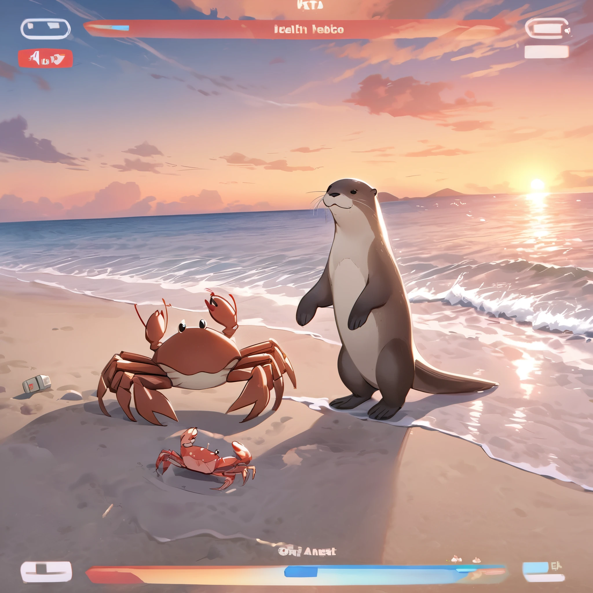 An otter on a beach does battle with a crab on a beach at sunset, like a video game they have health meters