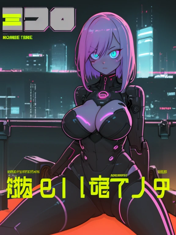 sexy cyborg,magazine cover,poster art,hint of neon vibrant,bold huge text,film grain,high-quality printing,detailed metallic arm,glowing robotic eyes,sexy pose,vivid colors,sci-fi concept,strong shadows,cityscape background,high fashion attire