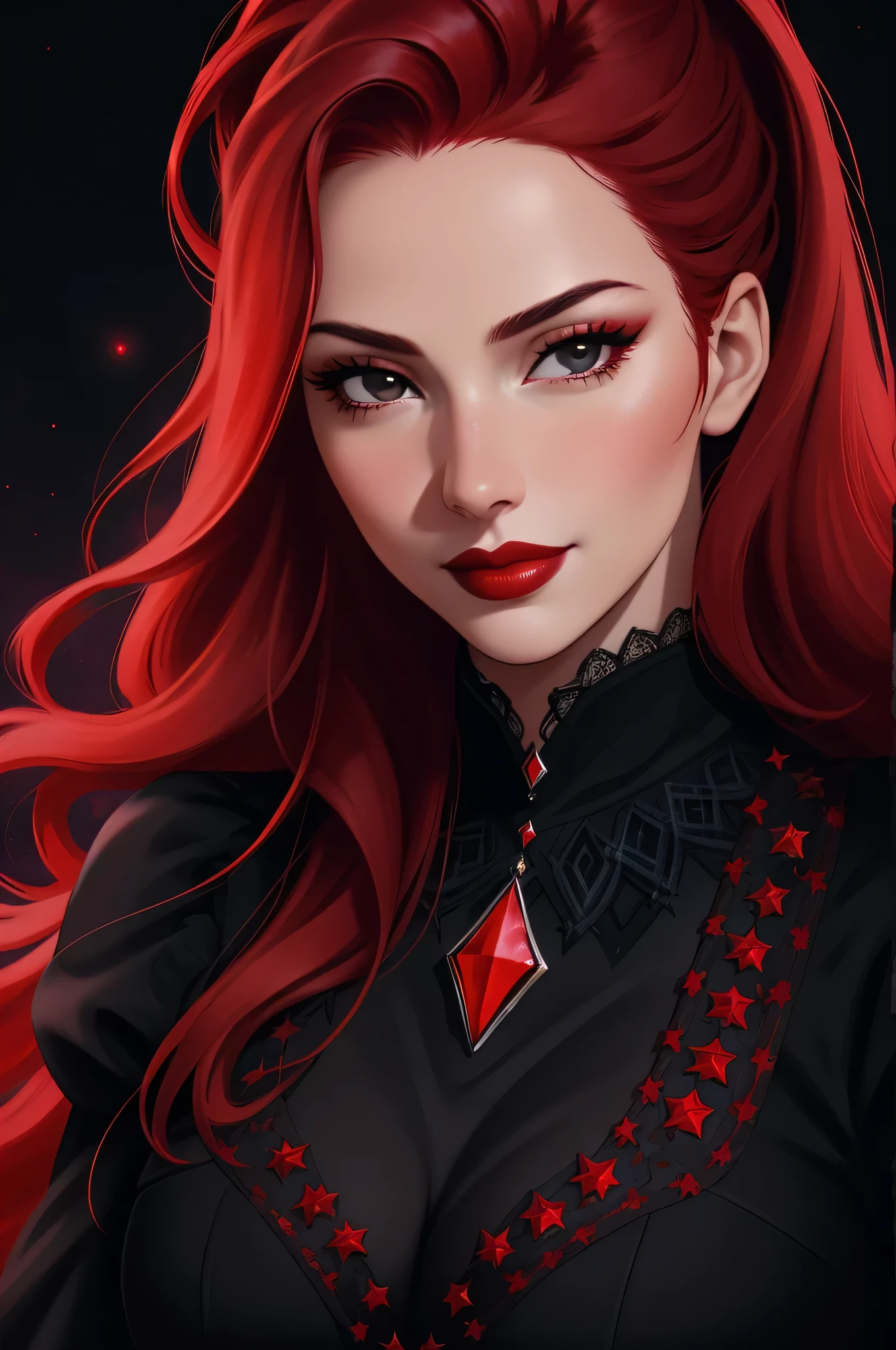 face close up, portrait shot, ((vivid red hair)), mature woman, 30 years old, diamond face, red starry sky background, depth of field, magic, big red lips, ((dark and black eyes)) black and red long and full dress, covered chest, mystical atmosphere, ominous shadows, Intense blue aura, Intense red aura (best quality:1.2), absurdres, intricate details, (highly detailed skin:1.2), smile expression, posing, taut and well defined body, attractive. Highly realistic, white skin, beautiful, hyperrealism, skin very elaborated, direct gaze,