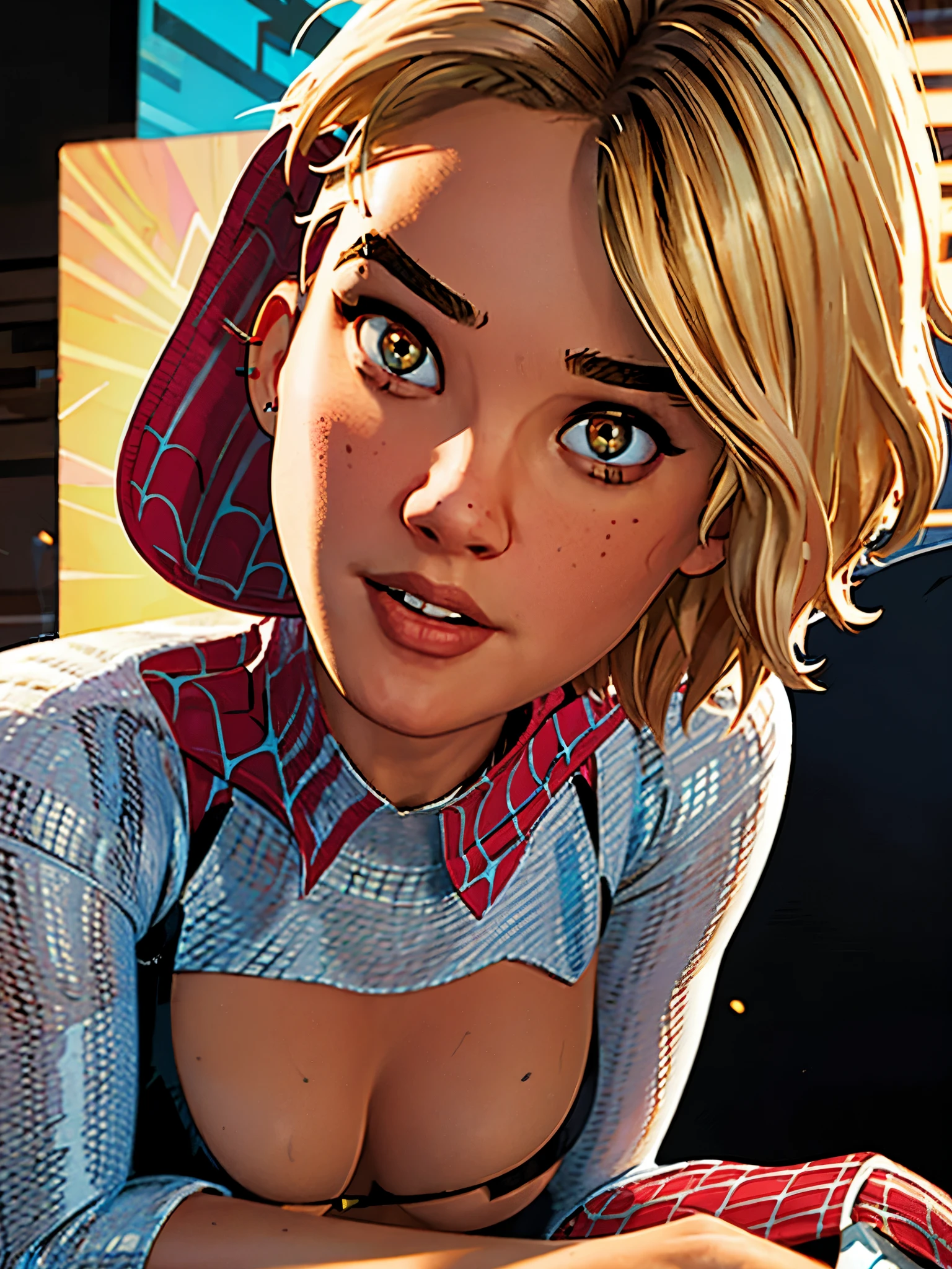 Stefania Ferrario as a Spider Gwen from Marvel Comics, Corpo Inteiro, corpo perfeito, parted lips, olhos azuis, cabelo loiro curto, asymmetrical side cut, sobrancelha com piercing, olhando para o espectador, (obra de arte), ((melhor qualidade)), cinematic luzing, ultra-realista, ((realista))