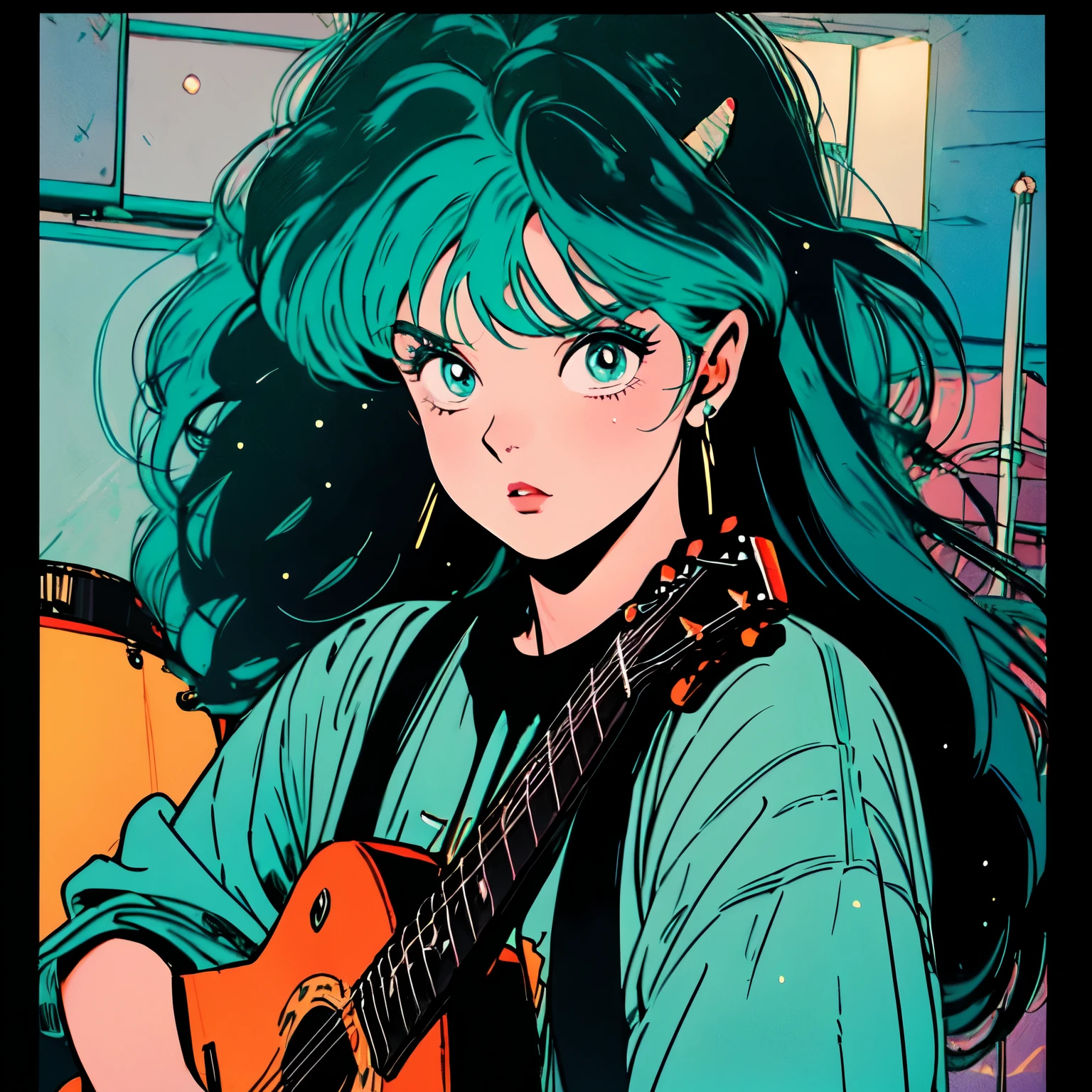 lum, long hair, breasts, blue eyes, eyeshadow, green hair, bangs, tiger-stripped horns, sharp ears, closed one eye, aqua hair, ((Masterpiece, top quality, high resolution)), ((highly detailed CG unified 8K wallpaper)), close up photo of a guitar, Cute and standing, cute, casual, sitting, playing guitar, dark moody lighting, night sky, night, starry sky, glittering, dark, flirting, kissing lips, (lopsided mouth), lightning, Expressiveh, looking into the lens, perfect composition, Perfect delicacy of light and shadow, 8K, high-waist skirt, ray tracing, 8K, best quality, high quality, super detail, highres, JK, full body, studio lighting, punk rock band in a studio, portrait of a rebel with a guitar, drums, vivid colors, detailed eyes and face, drums sticks, microphone, electric guitar, bass guitar, amplifier, guitar pedals, rockstar attitude, energetic performance, loud music, fashionable punk outfits, painted walls, band logo on the drum kit, poster of punk legends on the wall, recording equipment, professional instruments, raw emotions, expressive movements, exciting energy, enthusiastic crowd, stage lights, concert atmosphere, creative composition, fast-paced rhythm, visual harmony, passionate lyrics, authentic punk spirit