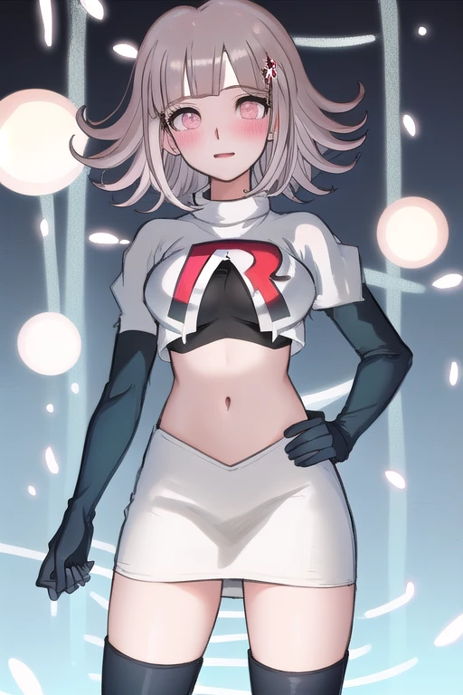 1girl, solo,Chiaki, hair ornament, hairclip, breasts,light pink hair, medium hair, cowboy shot, blushes, (perfect hands), team rocket,team rocket uniform,white skirt,red letter R,crop top,black thigh-highs,black elbow gloves