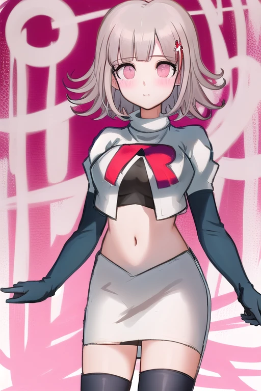 1girl, solo,Chiaki, hair ornament, hairclip, breasts,light pink hair, medium hair, cowboy shot, blushes, (perfect hands), team rocket,team rocket uniform,white skirt,red letter R,crop top,black thigh-highs,black elbow gloves
