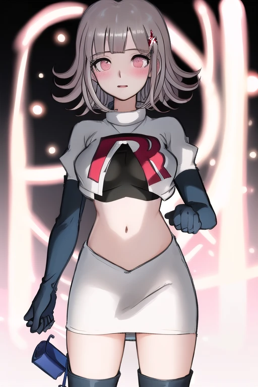 1girl, solo,Chiaki, hair ornament, hairclip, breasts,light pink hair, medium hair, cowboy shot, blushes, (perfect hands), team rocket,team rocket uniform,white skirt,red letter R,crop top,black thigh-highs,black elbow gloves