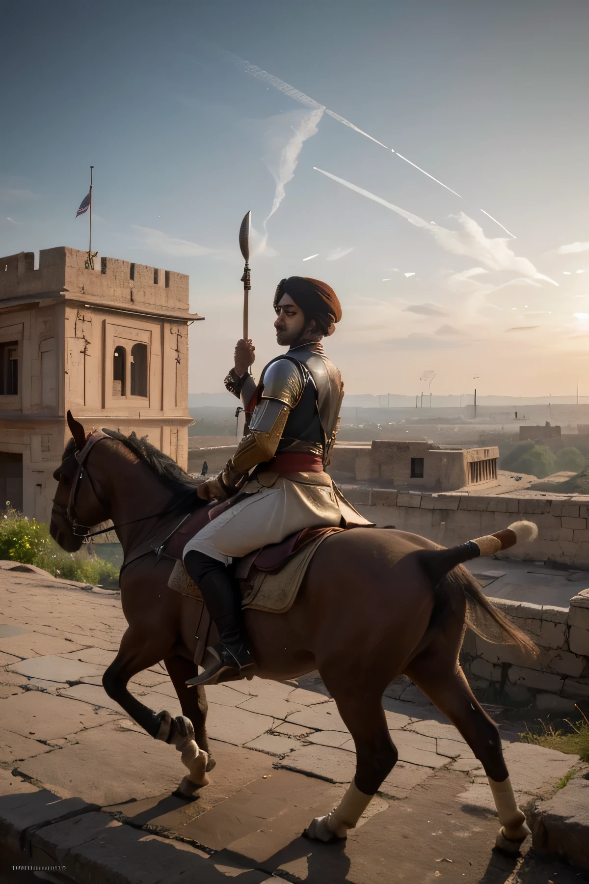 ((Best quality, 8K full hd wallpaper, highresolution , masterpiece , historical, fullydetailed, ))
Scene of battle between rajputs and Mughals.