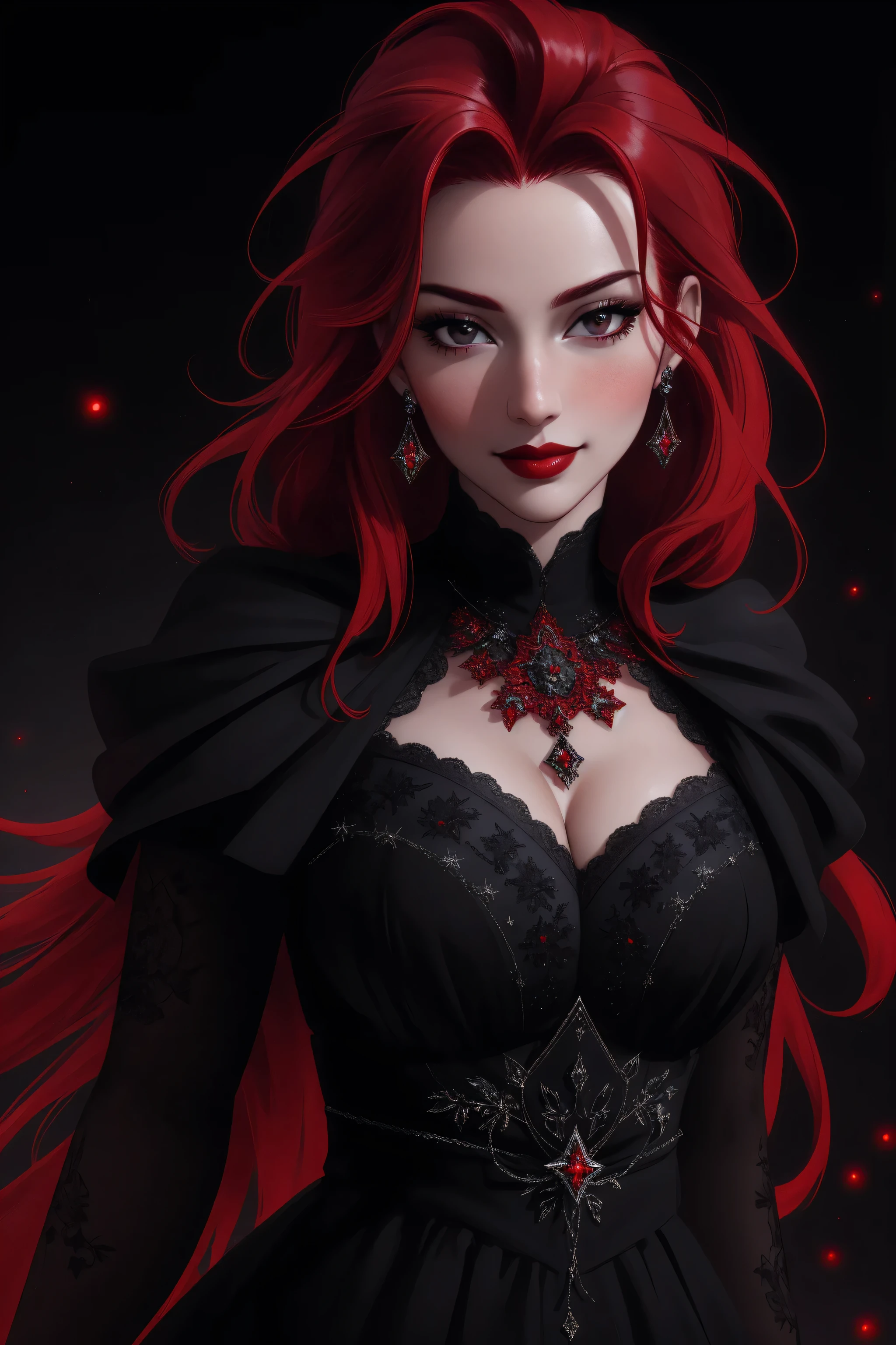 (Masterpiece - Ultra-Detailed, High Resolution)  ((vivid red hair)), mature woman, 30 years old, diamond face, red starry sky background, depth of field, magic, big red lips, ((dark and black eyes)) black and red long and full dress, covered chest, mystical atmosphere, ominous shadows, Intense blue aura, Intense red aura (best quality:1.2), absurdres, intricate details, (highly detailed skin:1.2), smile expression, posing, taut and well defined body, attractive. Highly realistic, white skin, beautiful, hyperrealism, skin very elaborated, direct gaze.