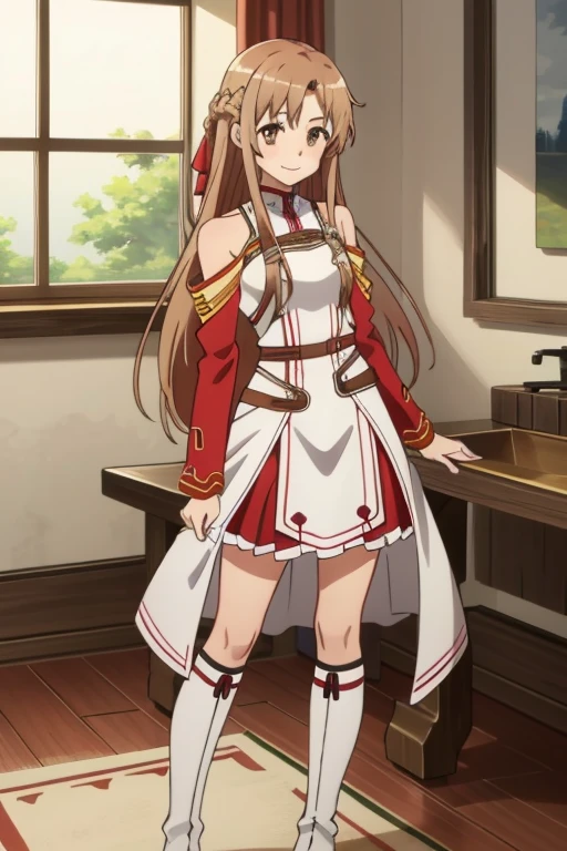 (masterpiece, highest quality), Intricate details, One girl, Yuuki Asuna, KizukiAi, Brown Hair, Brown eyes, Medium chest, Long Hair, Braiding, Catbo, White gloves, White Uniform, White boots, Red Skirt, Red strap,smile