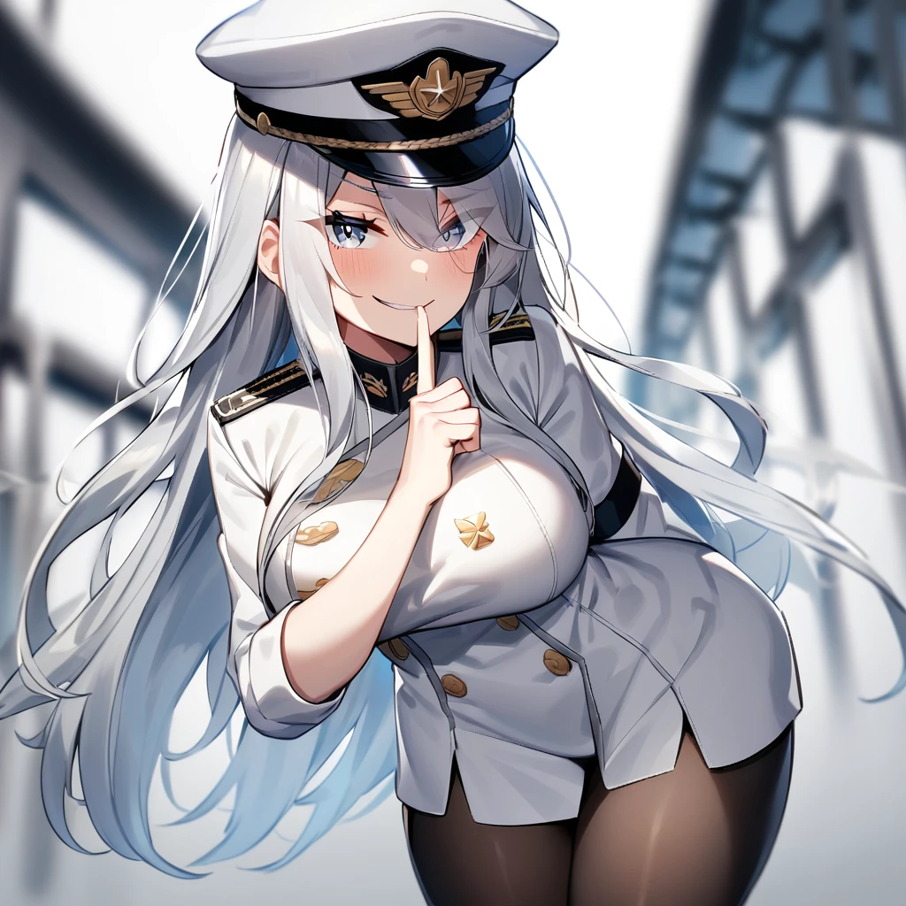 Gray Hair,stockings,very aesthetic,absurdres,{{White jacket}},grey,light blue,long hair,looking at viewer,military hat,light hair,{{silvery white}},blurry,eyes visible through hair,crooked smile,eyeliner,one-eyed,large breasts,white shirt, finger to mouth,underwear,finger