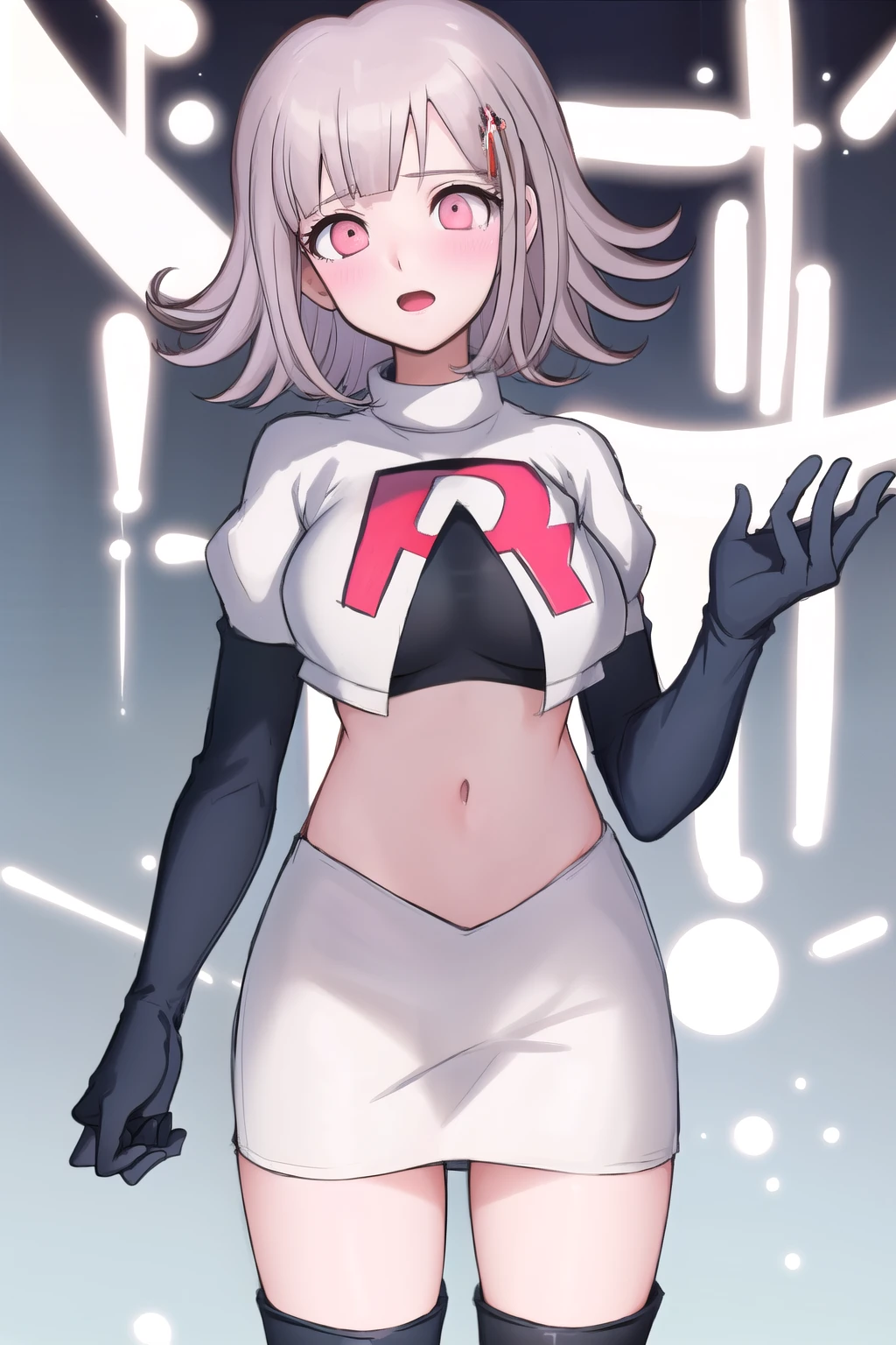 1girl, solo,Chiaki, hair ornament, hairclip, breasts,light pink hair, medium hair, cowboy shot, blushes, (perfect hands), team rocket,team rocket uniform,white skirt,red letter R,crop top,black thigh-highs,black elbow gloves