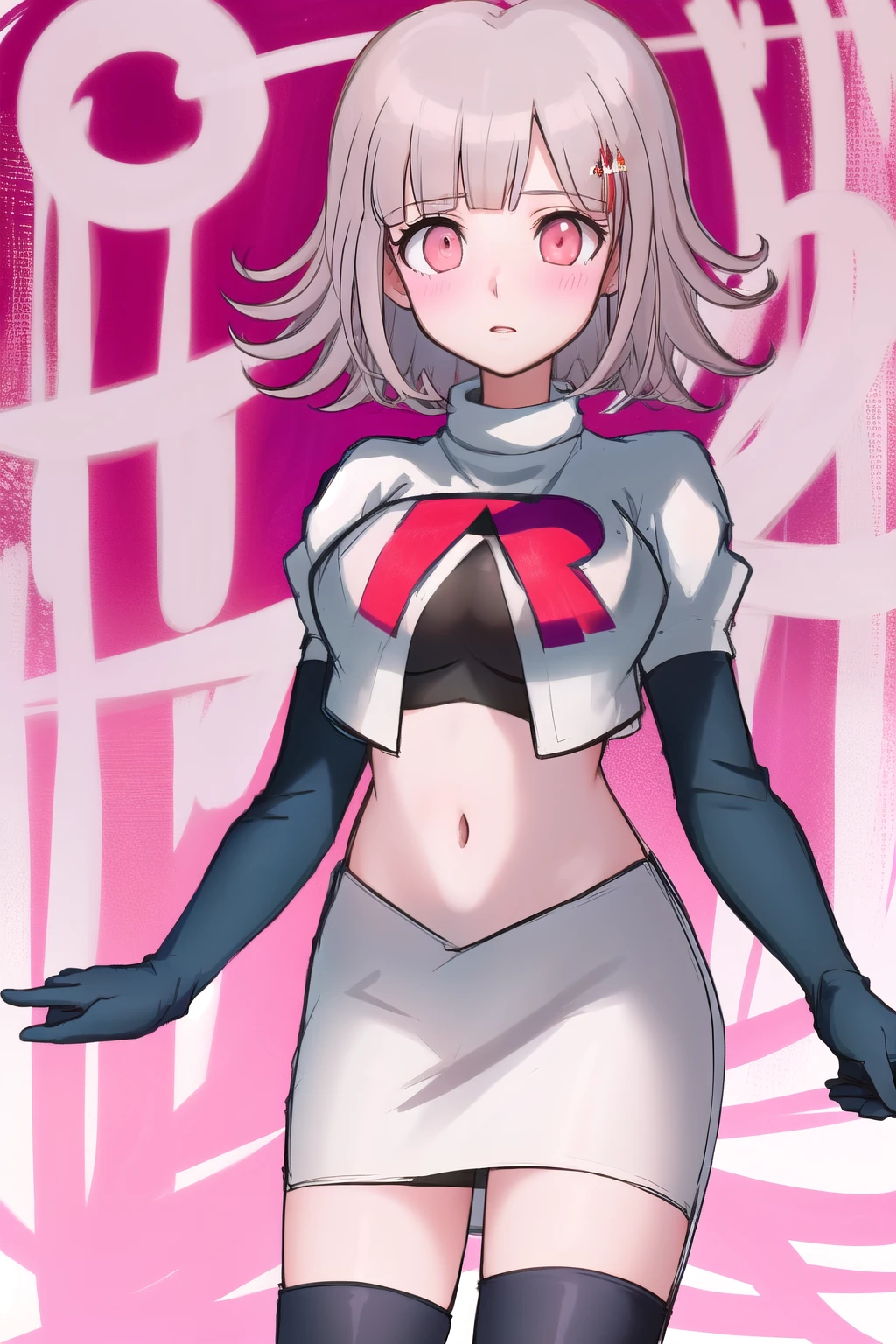 1girl, solo,Chiaki, hair ornament, hairclip, breasts,light pink hair, medium hair, cowboy shot, blushes, (perfect hands), team rocket,team rocket uniform,white skirt,red letter R,crop top,black thigh-highs,black elbow gloves