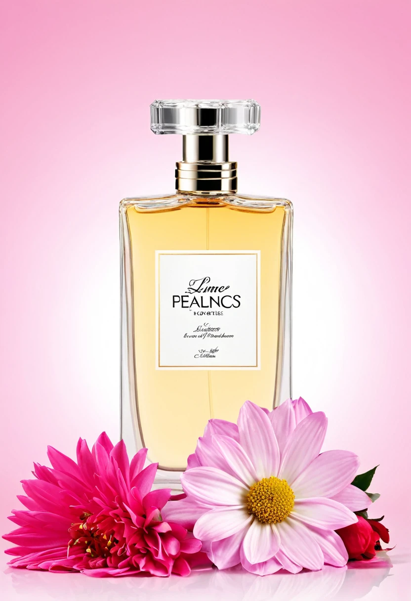 Flyer promocional para perfume de mujer que se llame Lovely perfumes con varios petalos de flores volando al rededor del frasco de perfume
